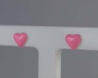 Pendientes Corazón Pequeño, Pendientes Corazón Esmalte Rosa Plata de Ley, Pendientes Corazón Plata, Studs Corazón, Pendientes Plata, Pendientes Rosa.