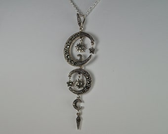 Silver Marcasite Necklace, Silver Marcasite Pendant, Sun, Moon and Star Necklace, Sun, Moon and Star Pendant Sparkly Pendant Sterling Silver