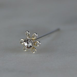 3mm Sterling Silver Flower Nose Stud, Nose Piercing, Silver Cubic Zirconia Nose Stud, 0.5mm Gauge.