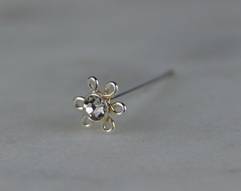 3mm Sterling Silver Flower Nose Stud, Nose Piercing, Silver Cubic Zirconia Nose Stud, 0.5mm Gauge.