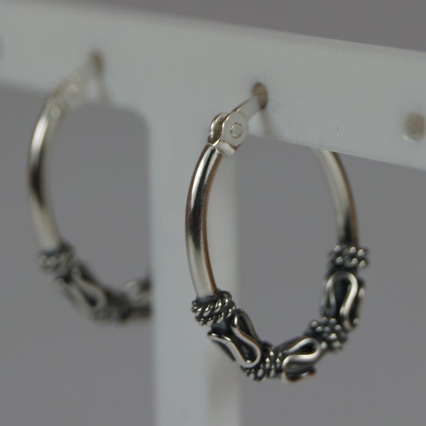 20mm Celtic Style Sterling Silver Hoop Earrings, Boho Hoop Earrings, Oval Sterling Silver Hoop Earrings, Ethnic, Tribal Earrings.