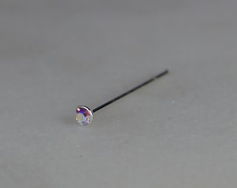 Winziger Nasenstecker aus Sterlingsilber mit Regenbogenkristall, 1,5 mm, 24 Gauge (0,5 mm), dünner Nasenstecker.