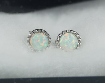 Opal Earrings, Silver and Opal Stud Earrings, October Birthstone Opal Earrings, Synthetic Opal Earrings, 925 Sterling Silver, Ear Rings.