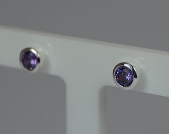 Amethyst Silver Stud Earrings, February Birthstone Purple Amethyst Earrings, Purple Cubic Zirconia.