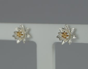 Silver Water Lily Earrings, Silver Flower Earrings, July Birth Flower, Sterling Silver Stud Earrings.