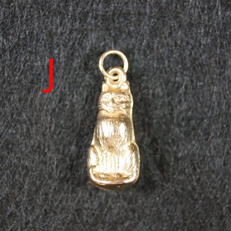May include: A gold-toned metal pendant shaped like a sitting cat with textured fur details and a small circular jump ring at the top for attachment. The letter J is printed in red to the left of the cat-shaped charm.