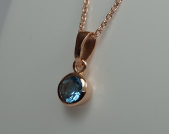 Blue Aquamarine Silver Pendant Necklace In Rose Gold Vermeil, March Birthstone Aqua Necklace, Blue Cubic Zirconia, Sterling Silver Necklace