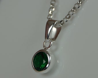 Green Emerald Silver Pendant Necklace, May Birthstone Green Emerald Necklace, Green Cubic Zirconia,925 Sterling Silver Pendant Necklace