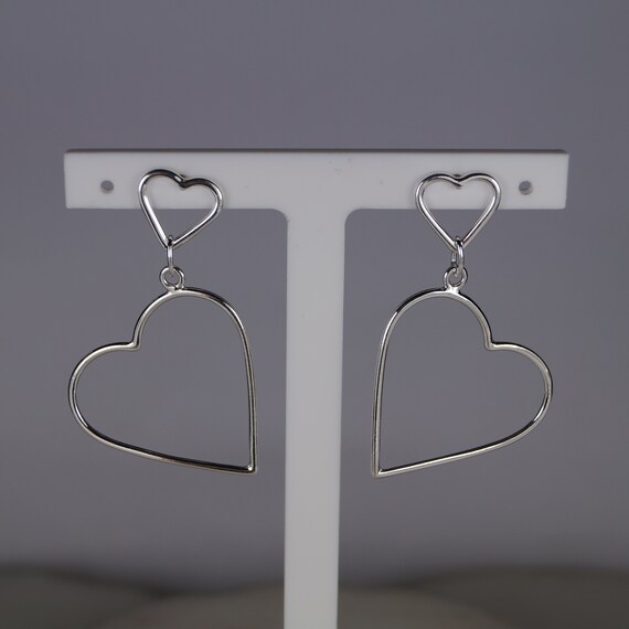Large Sterling Silver Heart Earrings, 39mm Silver Heart Dangle 