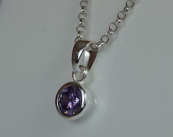 Amethyst Cubic Zirconia Sterling Silver Pendant Necklace, February Birthstone