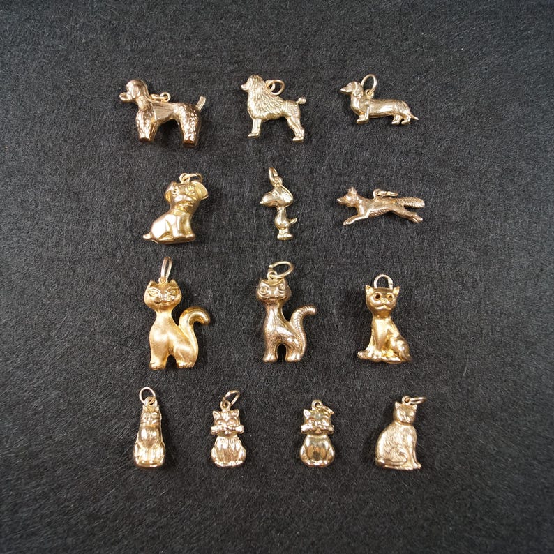 May include: A collection of thirteen gold-toned metal charms shaped like various animals, including dogs and cats. Each charm features a small loop at the top for attachment, with detailed textures representing the fur and features of each animal.