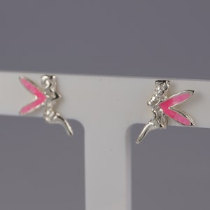 Sterling Silver Fairy Earrings, Silver Fairy Stud Earrings, Pink Fairy Earrings.