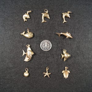 Vintage 9ct Gold Charms. Sea Creatures, Fish, Dolphin, Starfish, Turtle, Clam Charms.