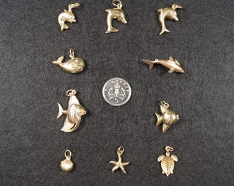 Vintage 9ct Gold Charms. Sea Creatures, Fish, Dolphin, Starfish, Turtle, Clam Charms.