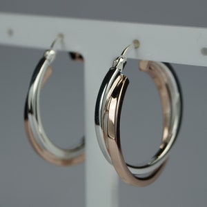 25mm Silver and Rose Gold Hoop Earrings, Rose Gold Vermeil and Sterling Silver Cross-Over Hinged Hoop Earrings, Rose Gold Silver Earrings.