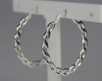 26mm Sterling Silver Hoop Earrings, Sterling Silver Chain Link Design Creole Hoop Earrings.