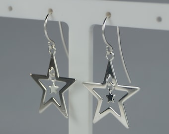 Sterling Silver Dangle Star Earrings, Silver Star Earrings, Celestial Earrings.