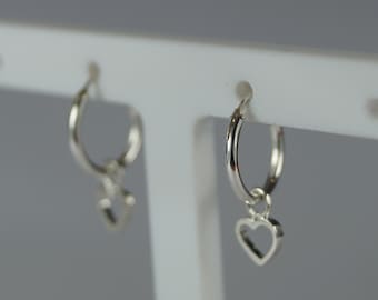 Tiny Heart Sleeper Hoop Earrings, 10mm Top-Hinged Sleeper Hoop Earrings, Sterling Silver Hoop Earrings, Hoop Ear Rings.