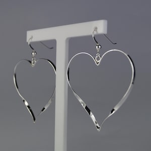 Large Sterling Silver Heart Earrings. Heart Dangles / Drops.