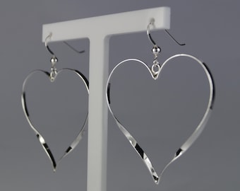 Large Sterling Silver Heart Earrings. Heart Dangles / Drops.