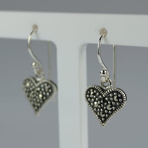 Sterling Silver and Marcasite Heart Dangle Earrings, Marcasite Heart Earrings, Silver Heart Earrings.