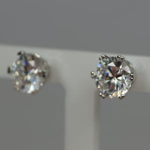 8mm Sterling Silver Diamond Stud Earrings, Synthetic Diamond Earrings, Silver Cubic Zirconia Earrings.
