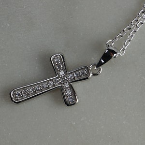 17mm Sterling Silver Cross Necklace, Silver and Cubic Zirconia Cross Necklace, Silver Cross Pendant.