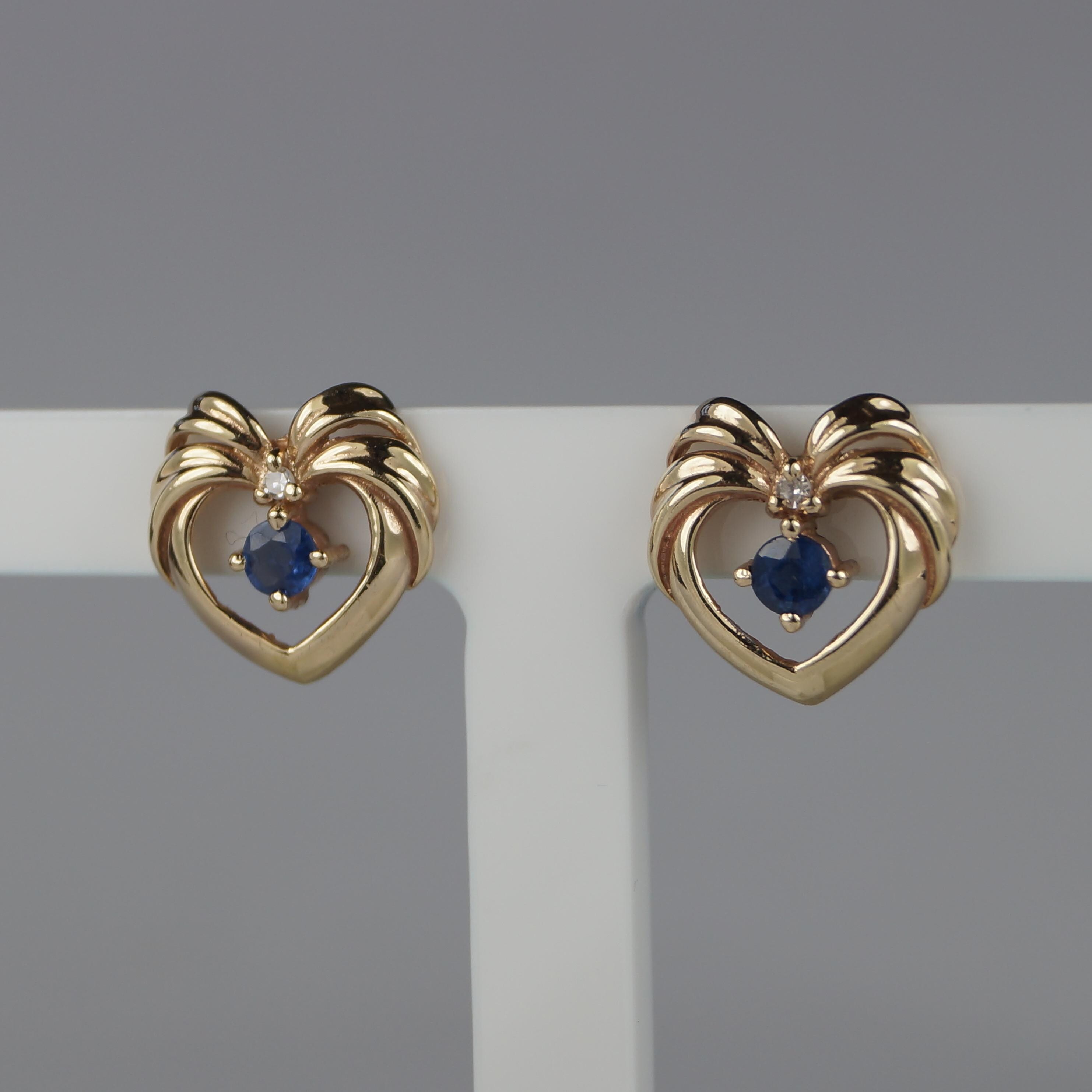 Vintage Sapphire and Diamond Heart-Shaped Gold Stud Earrings, 9mm Vintage Heart Shaped Stud.