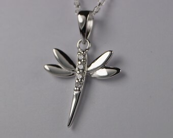 Sterling Silver Dragonfly Necklace with Cubic Zirconia