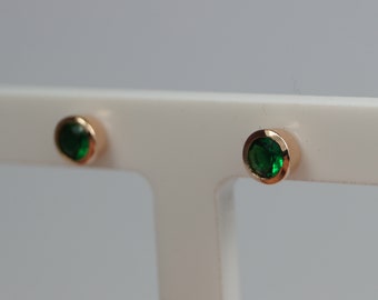 Green Emerald Stud Earrings, Rose Gold Vermeil, Silver Stud, May Birthstone Emerald Earrings,Green Cubic Zirconia, Sterling Silver,Ear Rings