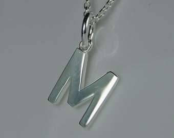 Initial M Silver Letter Pendant Necklace, Silver Initial M Necklace, Silver Letter M Necklace, Initial/Letter M Pendant,Optional Chain