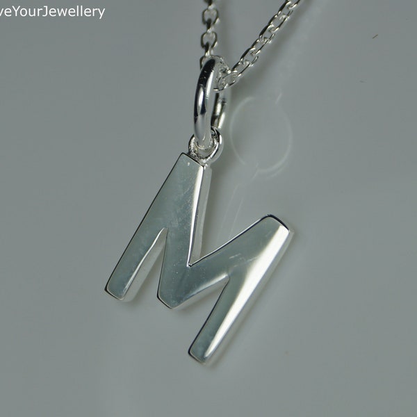 Initial M Silver Letter Pendant Necklace, Silver Initial M Necklace, Silver Letter M Necklace, Initial/Letter M Pendant,Optional Chain