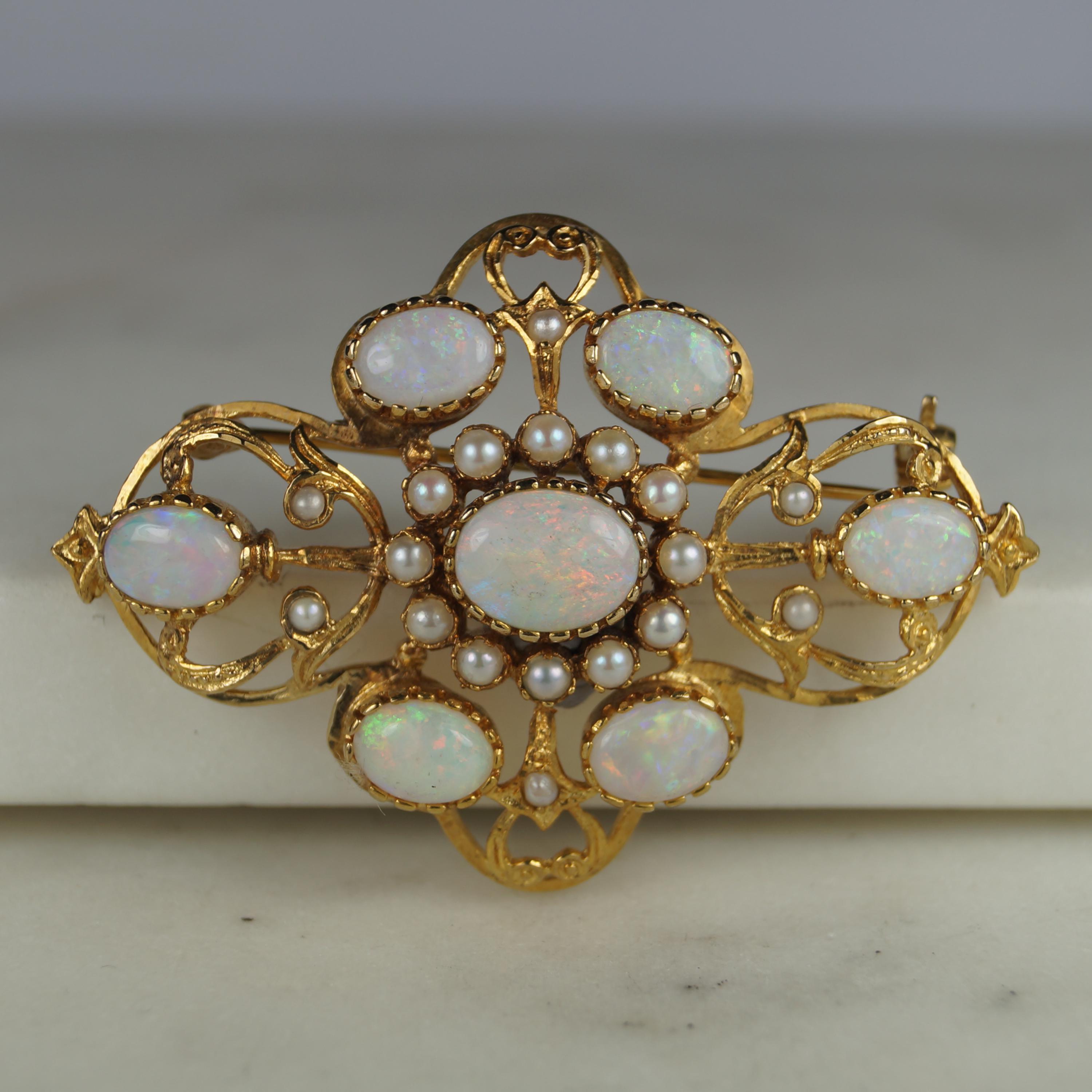 ヴィンテージ　シルバー　オパール　11石　ブローチ Vintage 9ct Gold Opal & Seed Pearl Brooch. Fully Hallmarked. - Etsy