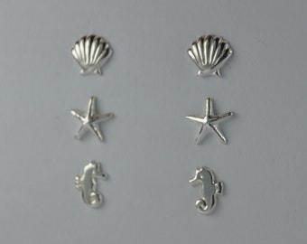 Silberohrring-Set, Set aus drei kleinen Ohrsteckern Meereskreaturen, Muschel, Seestern und Seepferdchen Sterling Silber Ohrstecker Ohrringe, Ohrringe