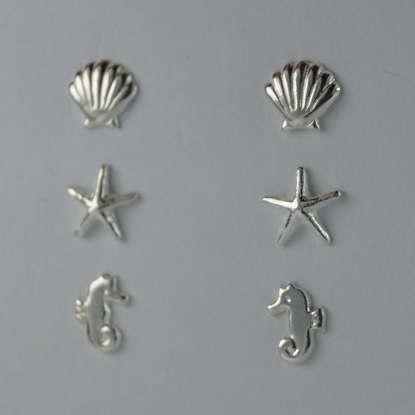 Silver Earring Set, Set of Three Small Stud Sea Creature Earrings, Sea Shell, Starfish and Seahorse Sterling Silver Studs Earrings,Ear Rings