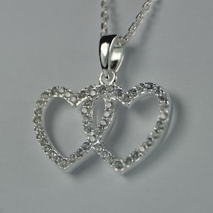 Sterling Silver and Cubic Zirconia Double Heart Necklace, Silver Heart Necklace, Silver Heart Pendant.