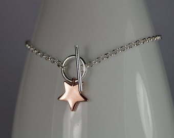 Sterling Silver Bracelet with Rose Gold Star, T-bar Silver Bracelet with Rose Gold Vermeil Star, Star Bracelet.