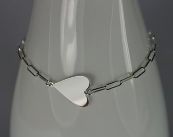 Sterling Silver Heart Bracelet, Paper Clip Chain, Adjustable Length