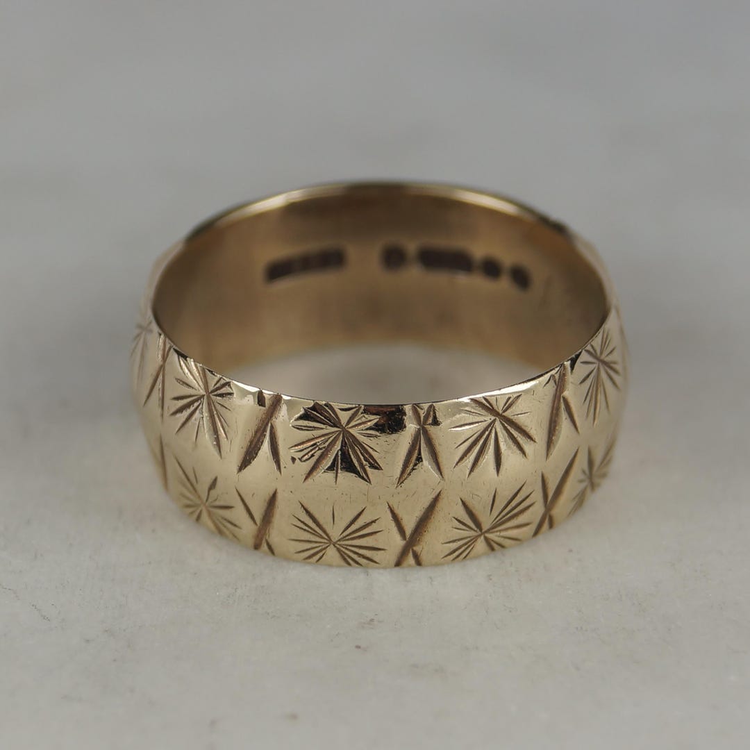 Big Patterned Rings Vintage 8mm Patterned 9ct Gold Ring. Wide Wedding Band. Size UK P, EU ...