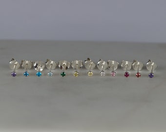 Tiny Sterling Silver Coloured Gem Stud Earrings. Colour Gem Earrings. Red, Green, Blue, Purple, Yellow, Clear Earrings.