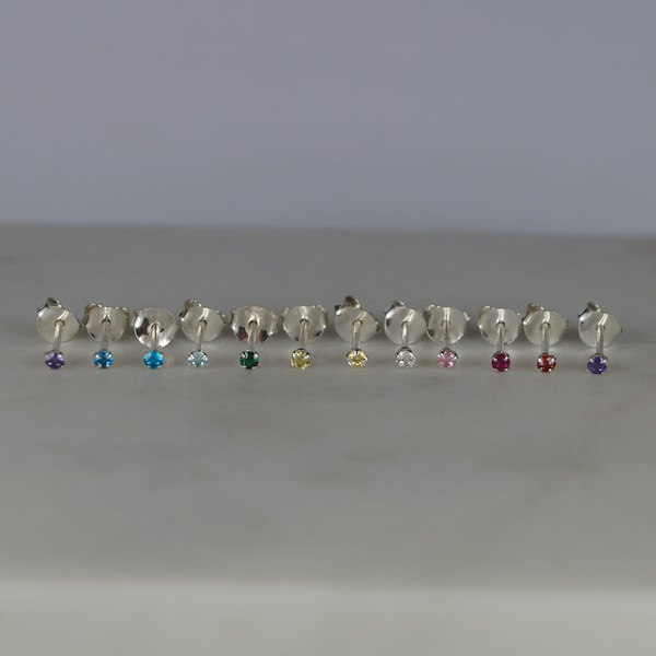 Tiny Sterling Silver Coloured Gem Stud Earrings. Colour Gem Earrings. Red, Green, Blue, Purple, Yellow, Clear Earrings.