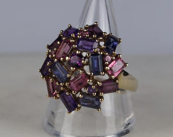 Vintage 9ct Gold and Amethyst Cluster Ring. UK S, US 9.25, EU Size 60.