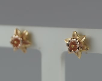 Gold Daffodil Flower Earrings, Yellow Gold and Rose Gold Vermeil Daffodil Earrings, March Birth Flower.