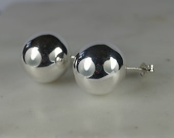Very Large 14mm Sterling Silver Stud Earrings, Silver Ball Stud Earrings, Minimalist Earrings.