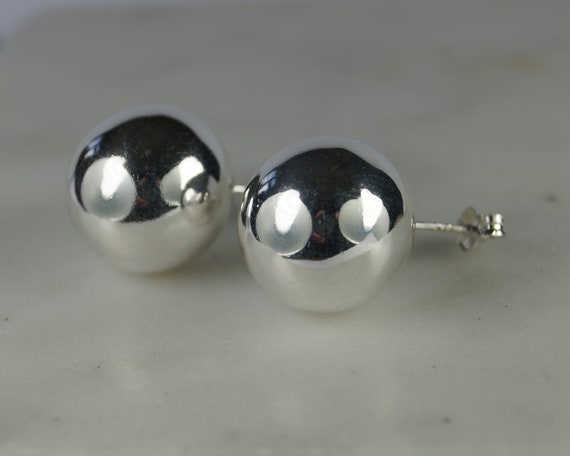 14mm Solid 925 Sterling Silver Shiny Ball Stud Earrings – Unisex Adults