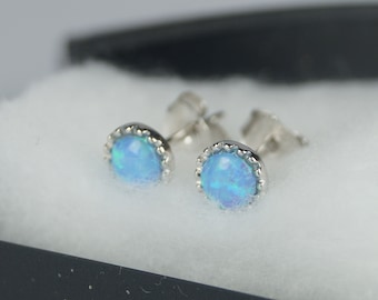 Sky Blue Opal Stud Earrings, Sterling Silver, October Birthstone
