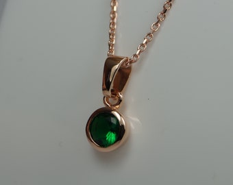 Green Emerald Silver Pendant Necklace In Rose Gold Vermeil, May Birthstone Emerald Necklace, Green Cubic Zirconia, Sterling Silver Necklace