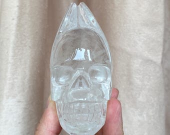 Hand-Carved Clear Quartz Skull  Polished Crystal Carving, Unique Crystal Decor A385