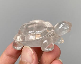 Hand-Carved Clear Quartz Turtle Carving, Unique Crystal Decor A794