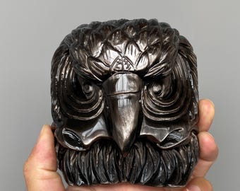 Flash Silver Obsidian Eagle Head Carving, Hand Carved Crystal Decor A809